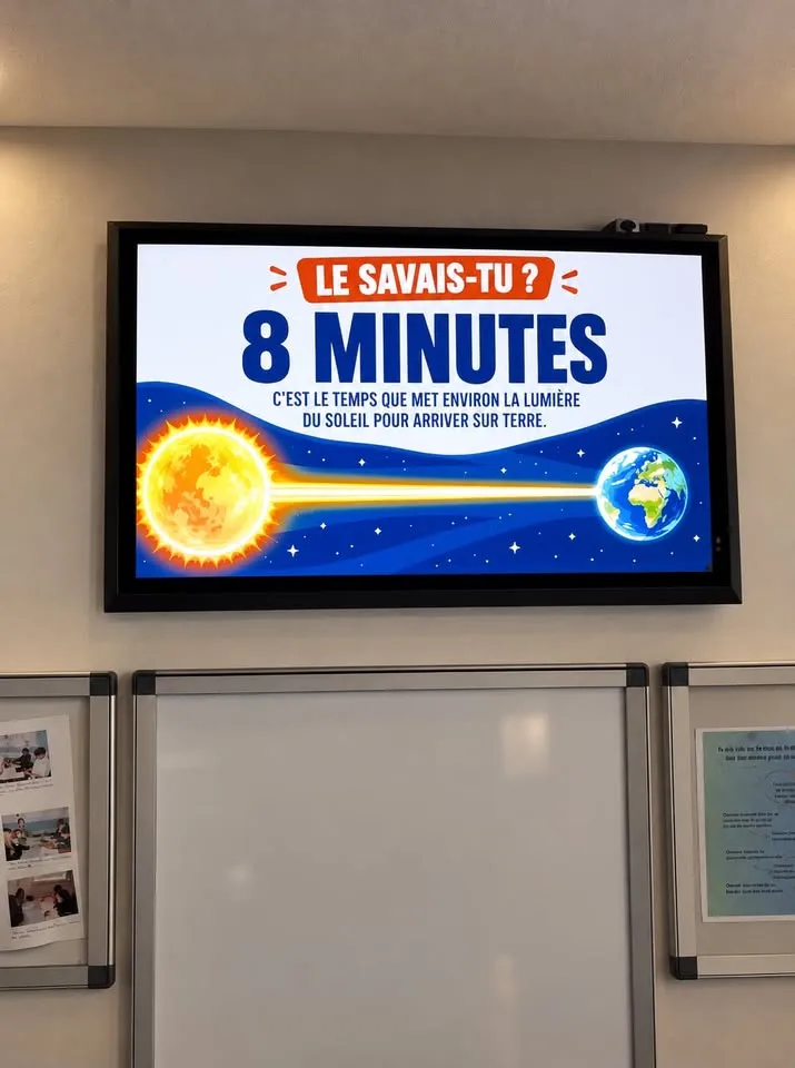 Écran extérieur fixé au mur d'un collège, affichant une rubrique « Le savais-tu ? » sur la lumière du Soleil